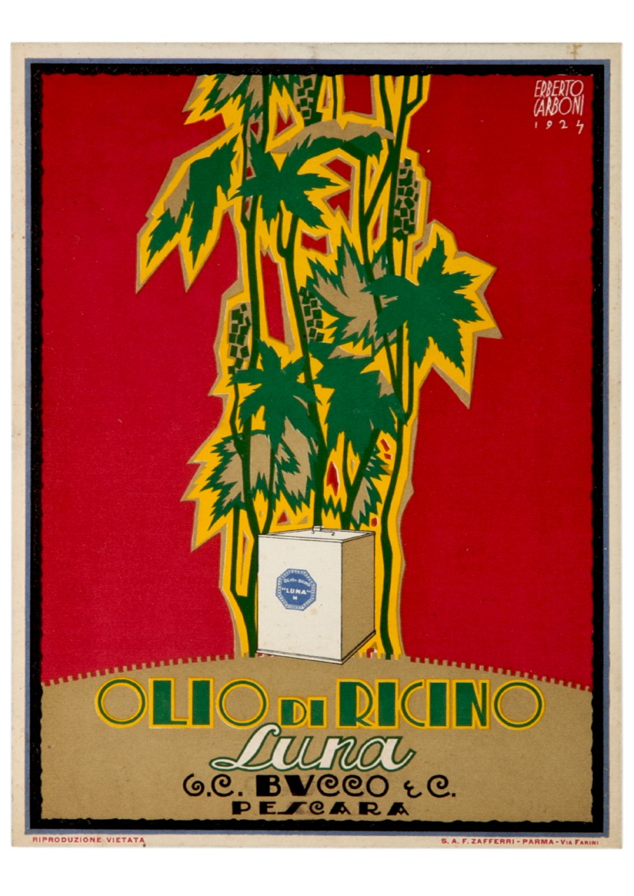 latta di olio e piante di ricino (locandina) di Carboni Erberto detto Lince (sec. XX)