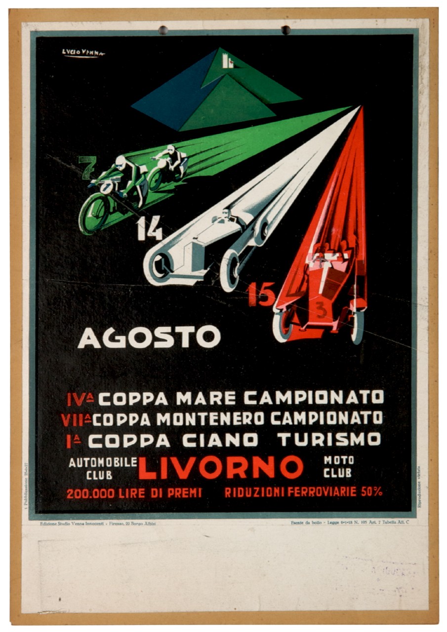 automobili e moto in corsa formano il tricolore (locandina) di Venna Lucio (sec. XX, sec. XX)