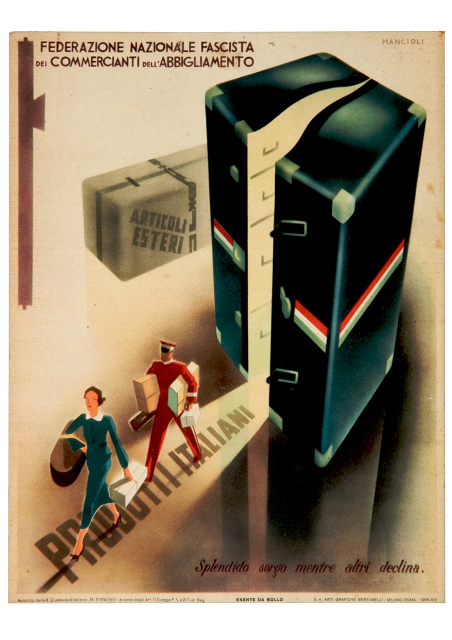 donna e facchino con pacchi usciti da una grande baule (locandina) di Mancioli Corrado (sec. XX)