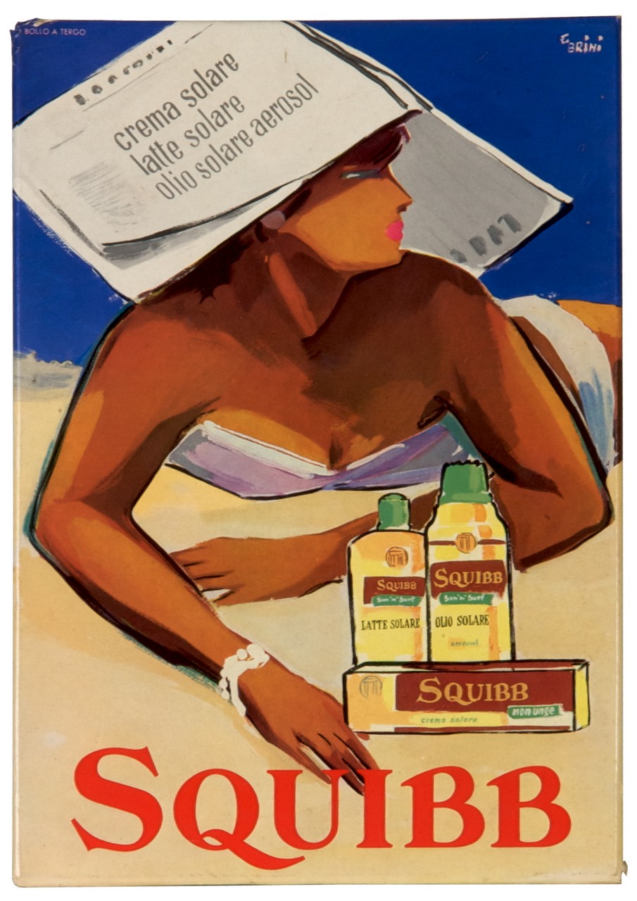donna abbronzata si ripara dal sole con un giornale (locandina) di Brini Ercole (sec. XX)