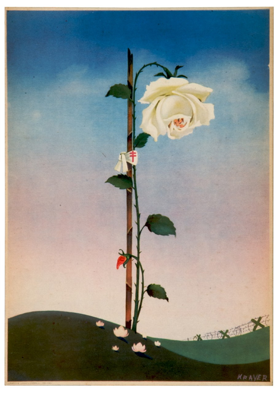 veduta di trincea e rosa legata ad una canna (locandina) di Krayer Gino (sec. XX)