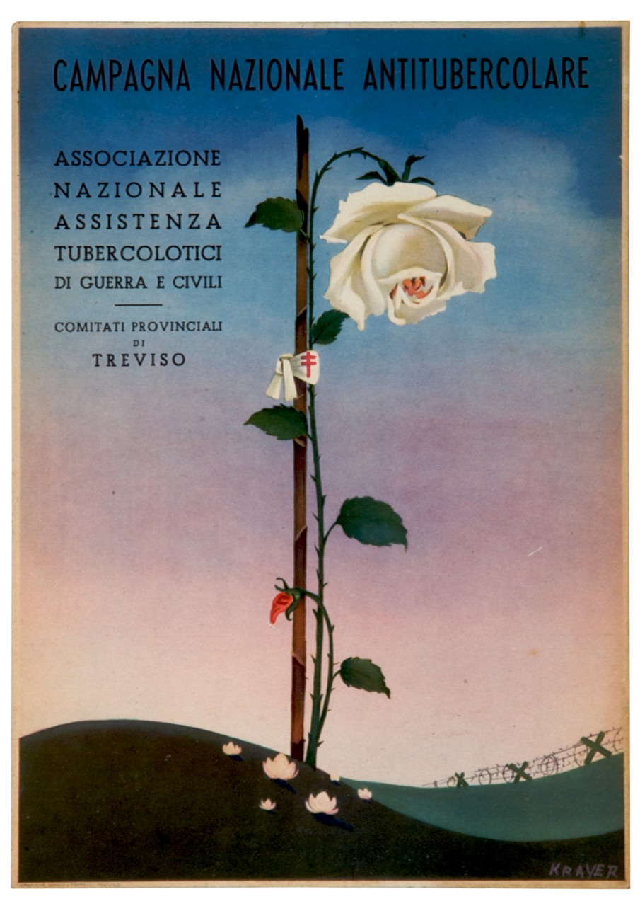 veduta di trincea e rosa legata ad una canna (locandina) di Krayer Gino (sec. XX)