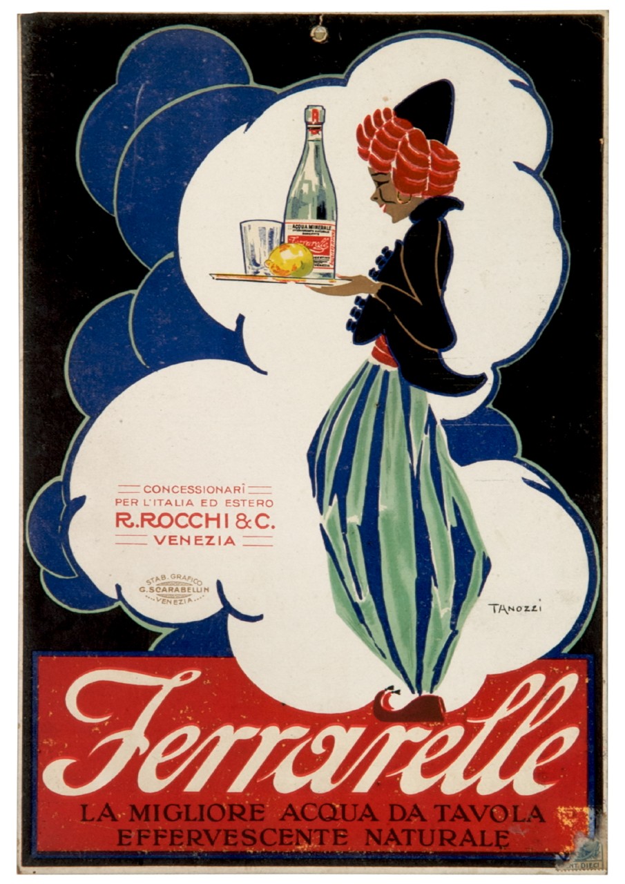 genio della lampada porta vassoio con bottiglia bicchiere e limone (locandina) di Tanozzi Gorgon (sec. XX)