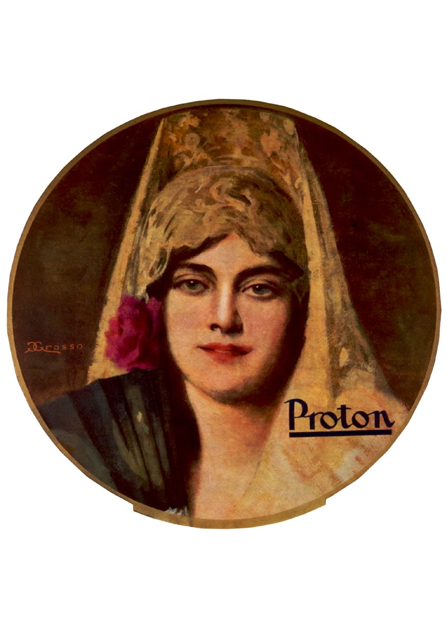 ritratto a mezzo busto di donna con mantiglia rosa e ventaglio (locandina) di Grosso Giacomo (sec. XX)