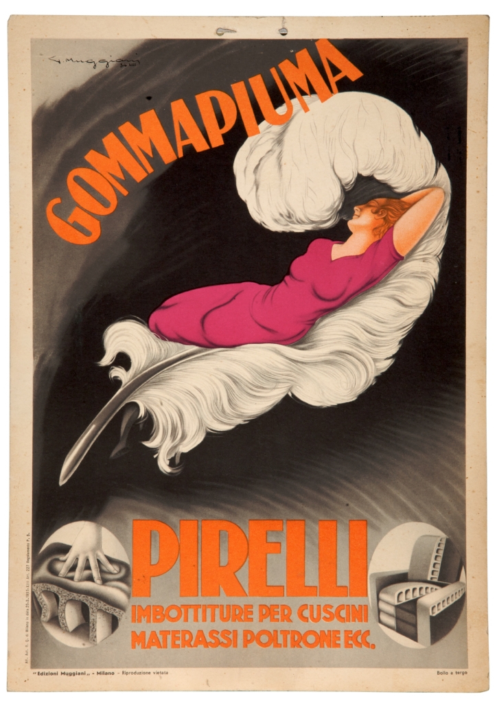 Gommapiuma Pirelli, figura di donna stesa su una piuma (locandina) di Muggiani Giorgio (sec. XX)
