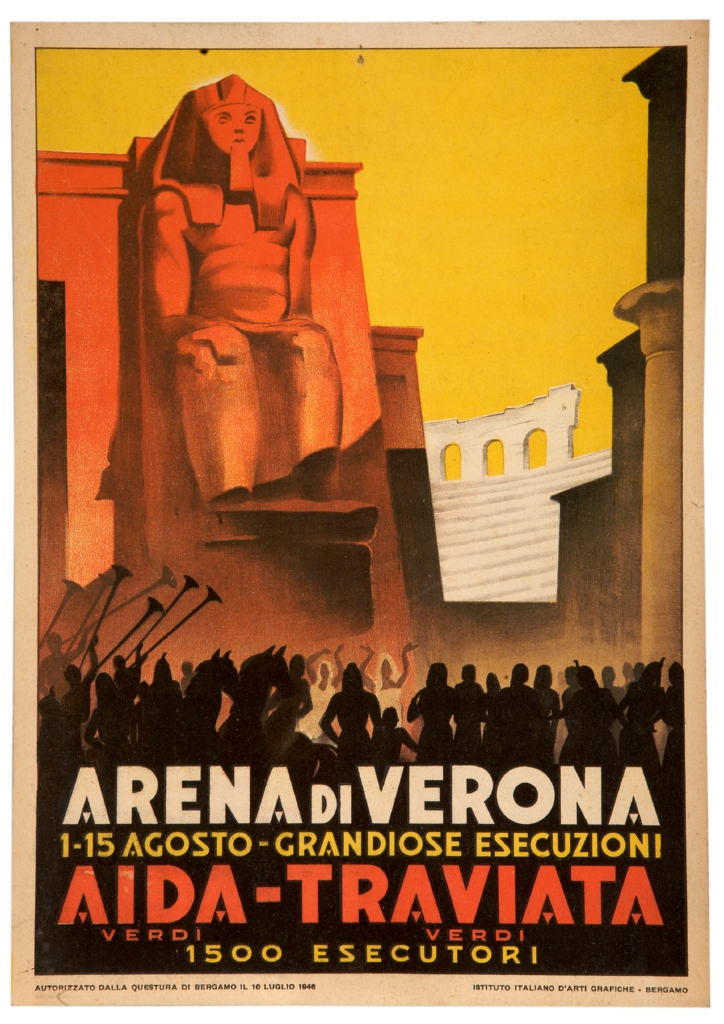arena di Verona e statua di faraone seduto (locandina) - ambito italiano (sec. XX)