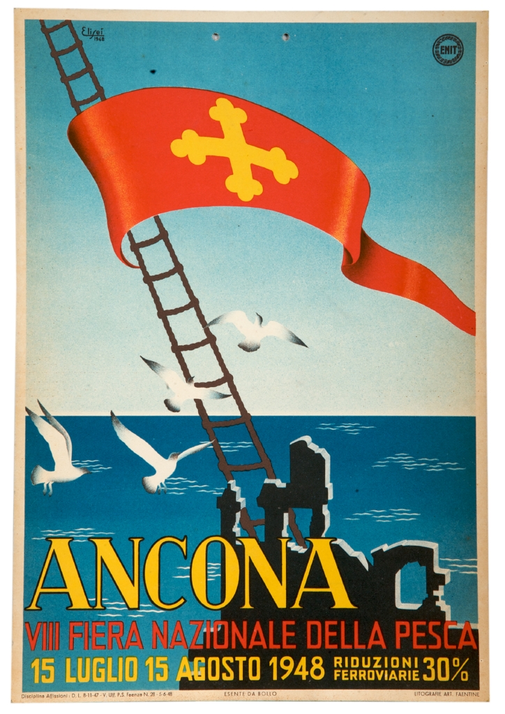 paesaggio marino con scala di corda e la bandiera di Ancona (locandina) di Elisei - ambito italiano (sec. XX)