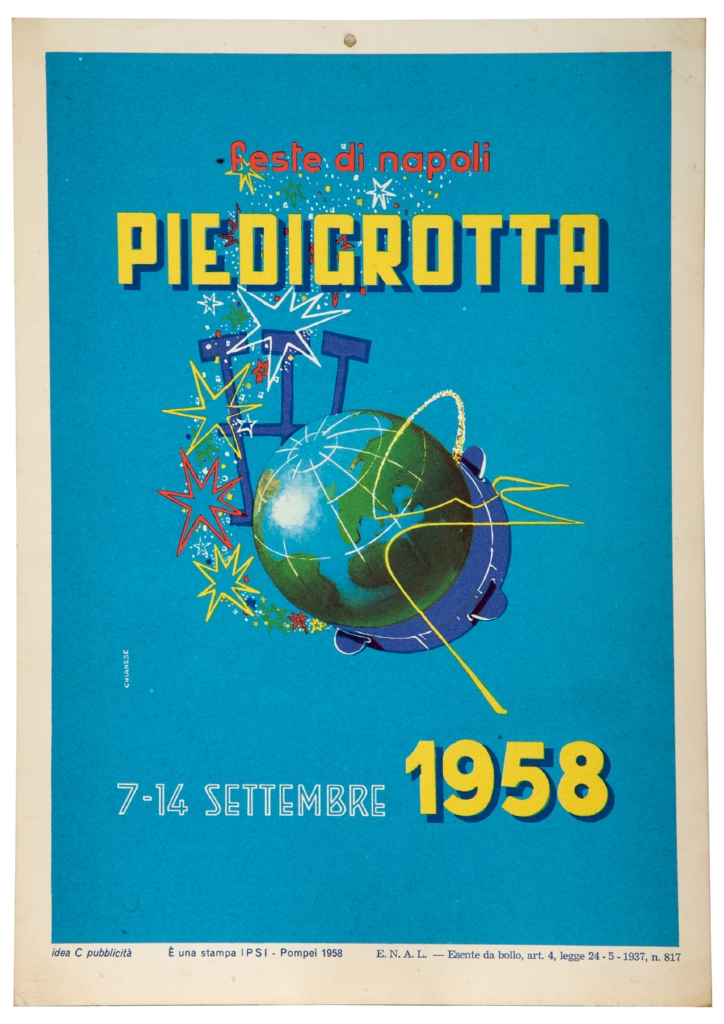 globo terrestre con strumenti musicali stelle e fuochi artificiali (locandina) di Chianese Domenico (sec. XX)