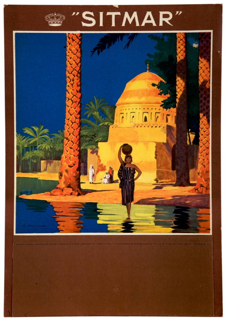 paesaggio con marabutto e figura femminile egiziana (locandina) di Malugani Giacomo (sec. XX)