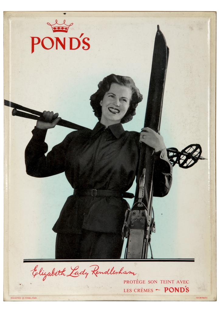 figura femminile con sci e racchette (locandina) - ambito inglese (sec. XX)