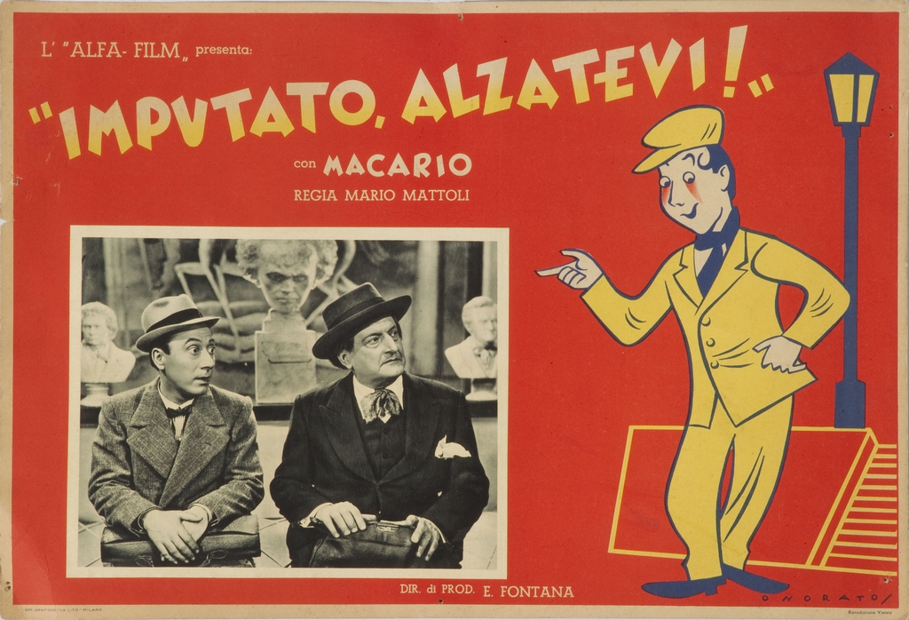 rappresentazione grafica maschile con berretto indica un fotogramma del film Imputato Alzatevi con Macario (locandina) di Onorato Umberto (sec. XX)