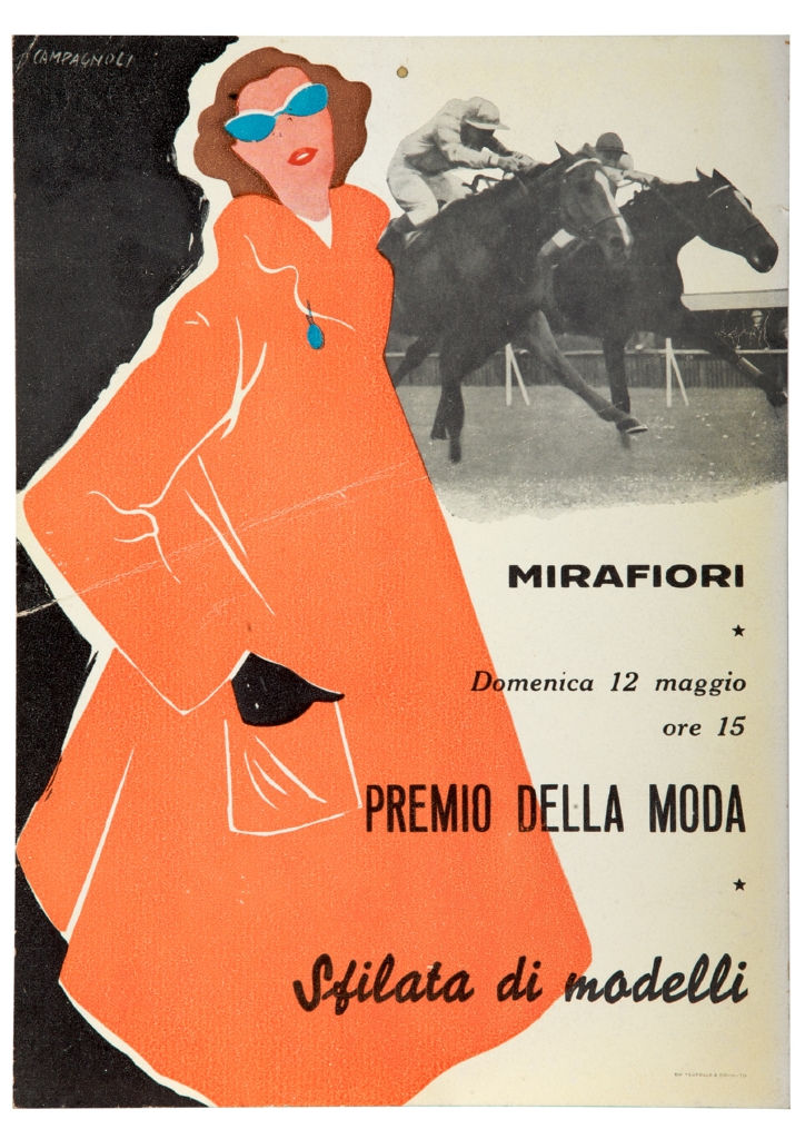 figura femminile con cappotto e occhiali, sullo sfondo corsa di cavalli (locandina) di Campagnoli Adalberto (metà sec. XX)