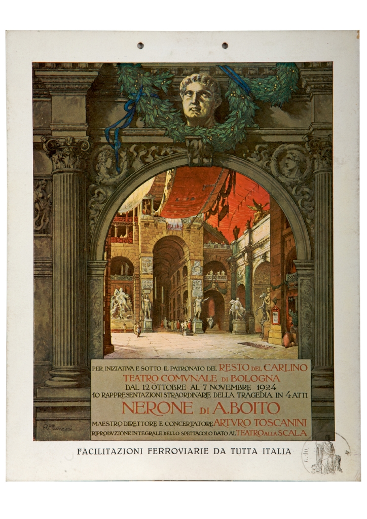 Palcoscenico visto attraverso un arco con volto scolpito di Nerone (locandina) di Franzoni Roberto (sec. XX)