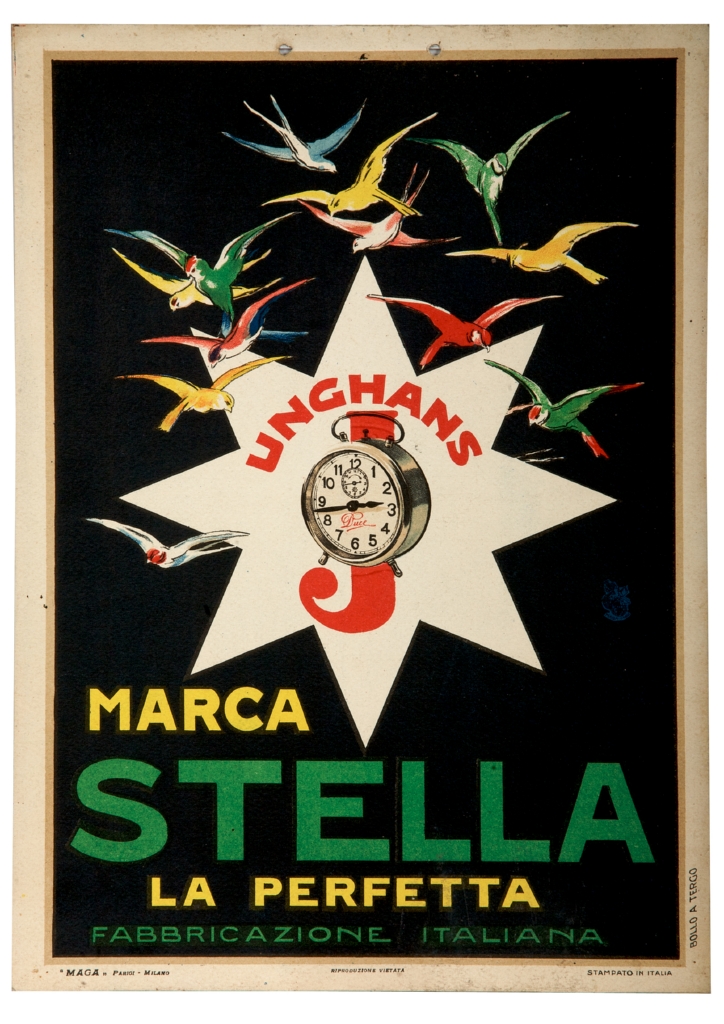 Marca Stella la perfetta, Stella ad otto punte sormontata da pappagallini, all’interno una sveglia e lettera J (locandina) - ambito italiano (sec. XX)