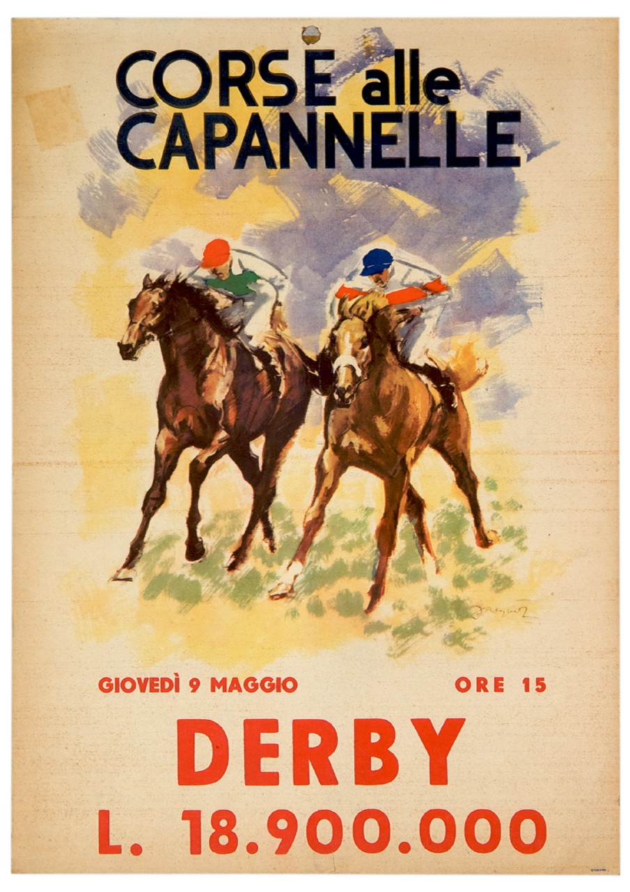due fantini e due cavalli in corsa al derby alle Capannelle (locandina) - ambito italiano (sec. XX)