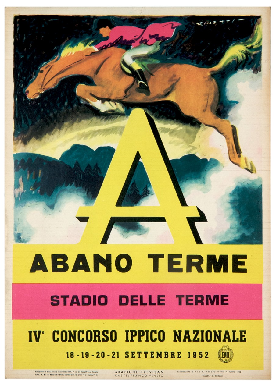 fantino e cavallo in corsa saltano come ostacolo la lettera A (locandina) di De Finetti Gino (sec. XX)