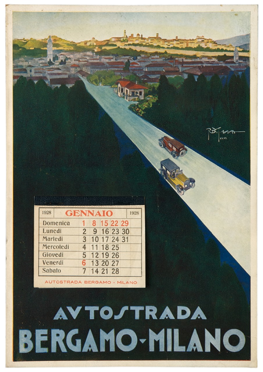 autostrada con veduta di Bergamo (calendario) di Di Massa Romano (sec. XX)