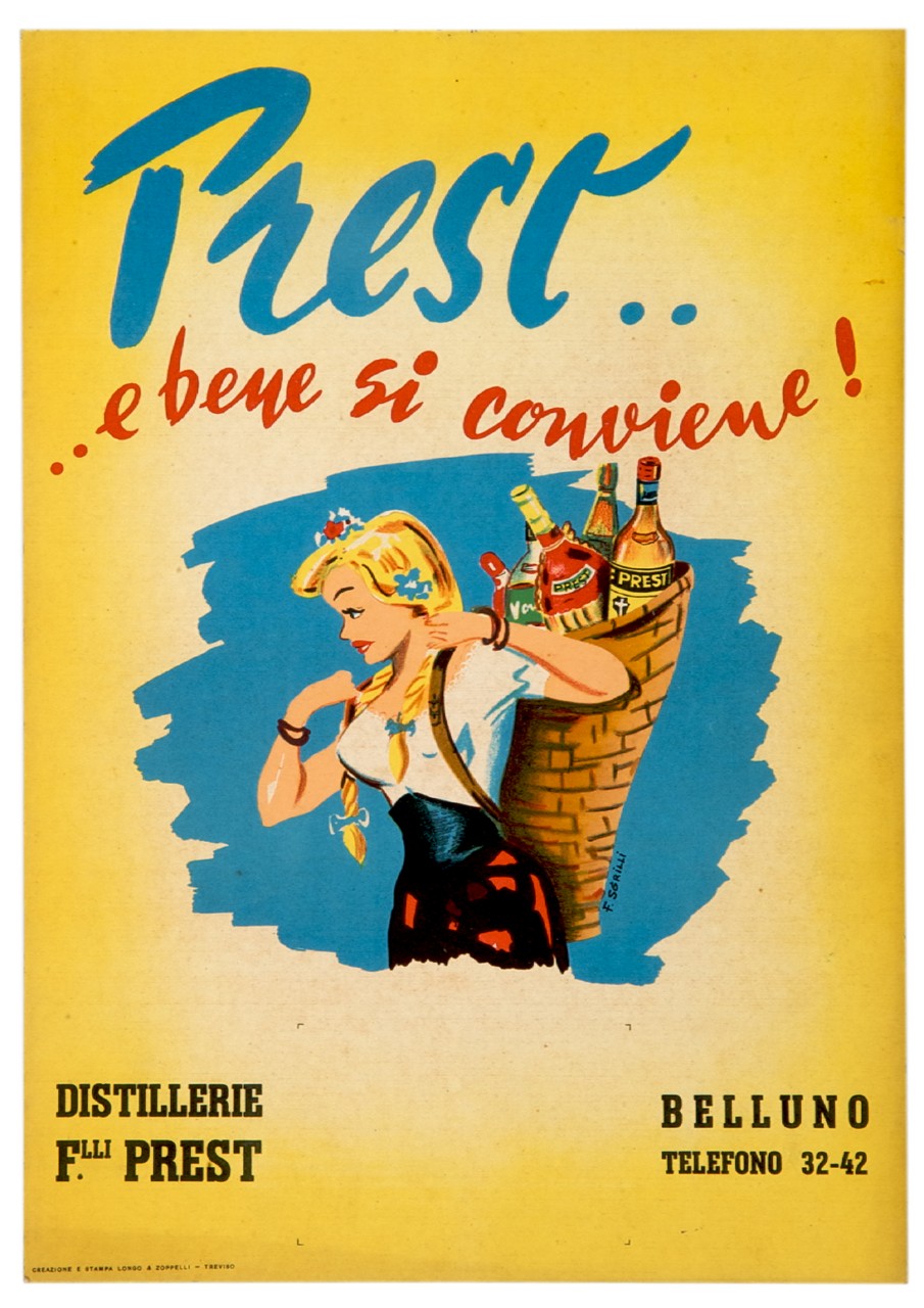 figura femminile con una gerla colma di bottiglie sulle spalle (locandina) di Sgrilli Franco (metà sec. XX)