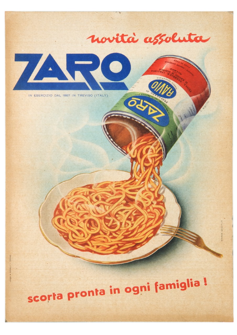 spaghetti che cadono da un barattolo tricolore in un piatto (locandina) di Sgrilli Franco, Studio Esse (metà sec. XX)