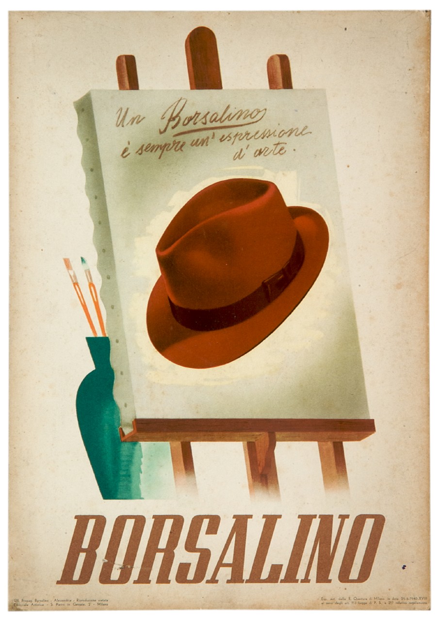 dipinto con cappello Borsalino su cavalletto (locandina) - ambito italiano (sec. XX)