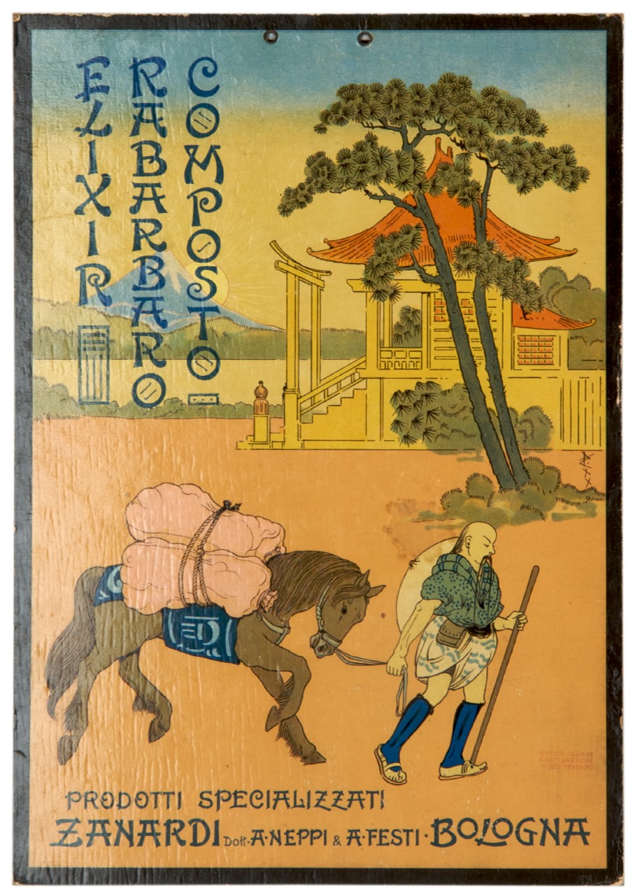 cinese e cavallo con pagoda e paesaggio sullo sfondo (locandina) - ambito italiano (sec. XX)