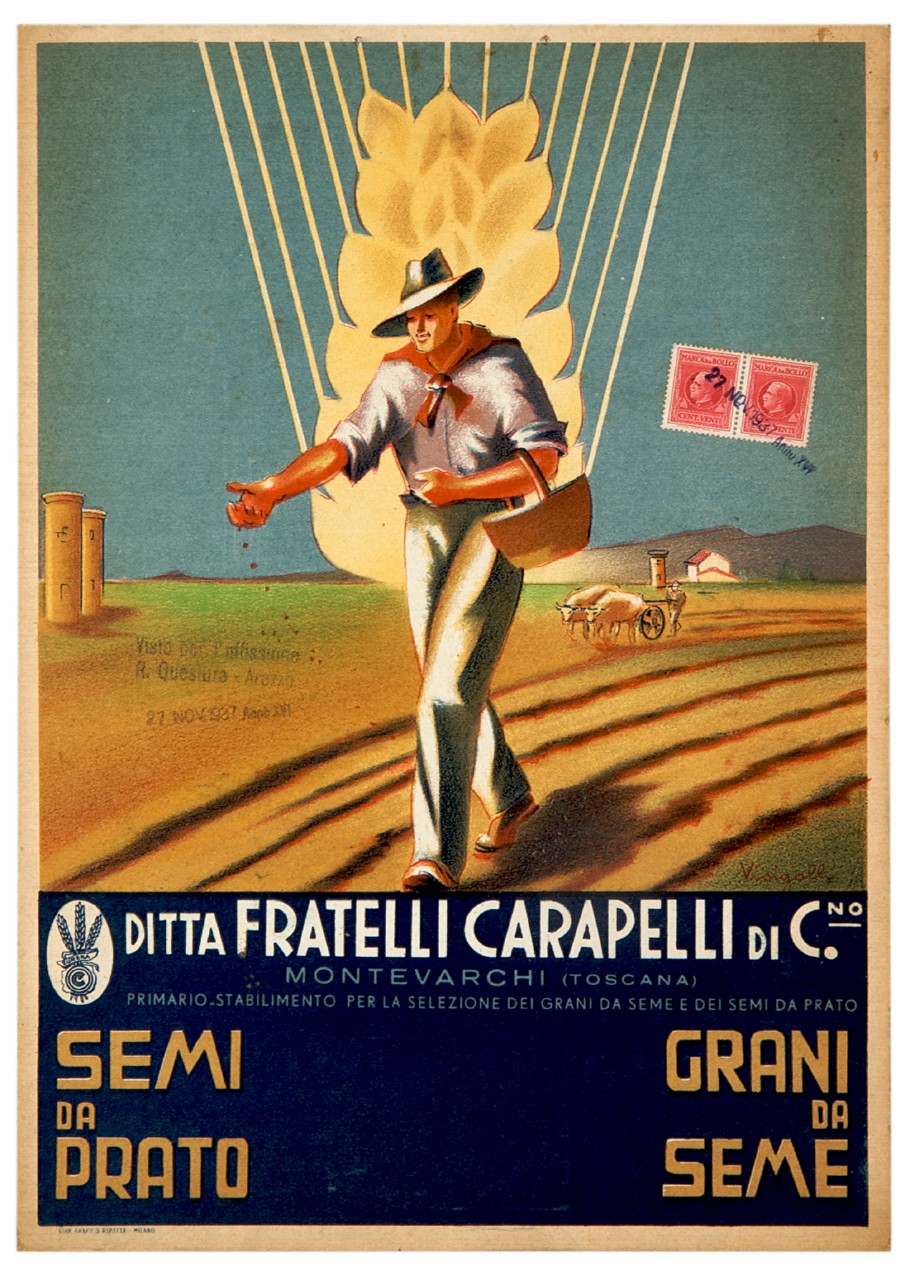 contadino semina un campo arato sullo sfondo di una spiga (locandina) di Visigalli Celestino (sec. XX)