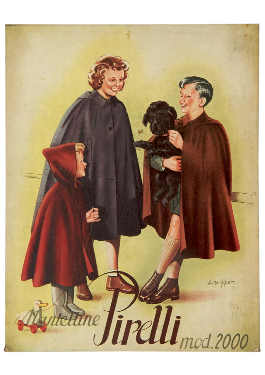 tre ragazzi indossano una mantella e uno di essi tiene in braccio un cane (locandina) di Berretti Alessandro (sec. XX)