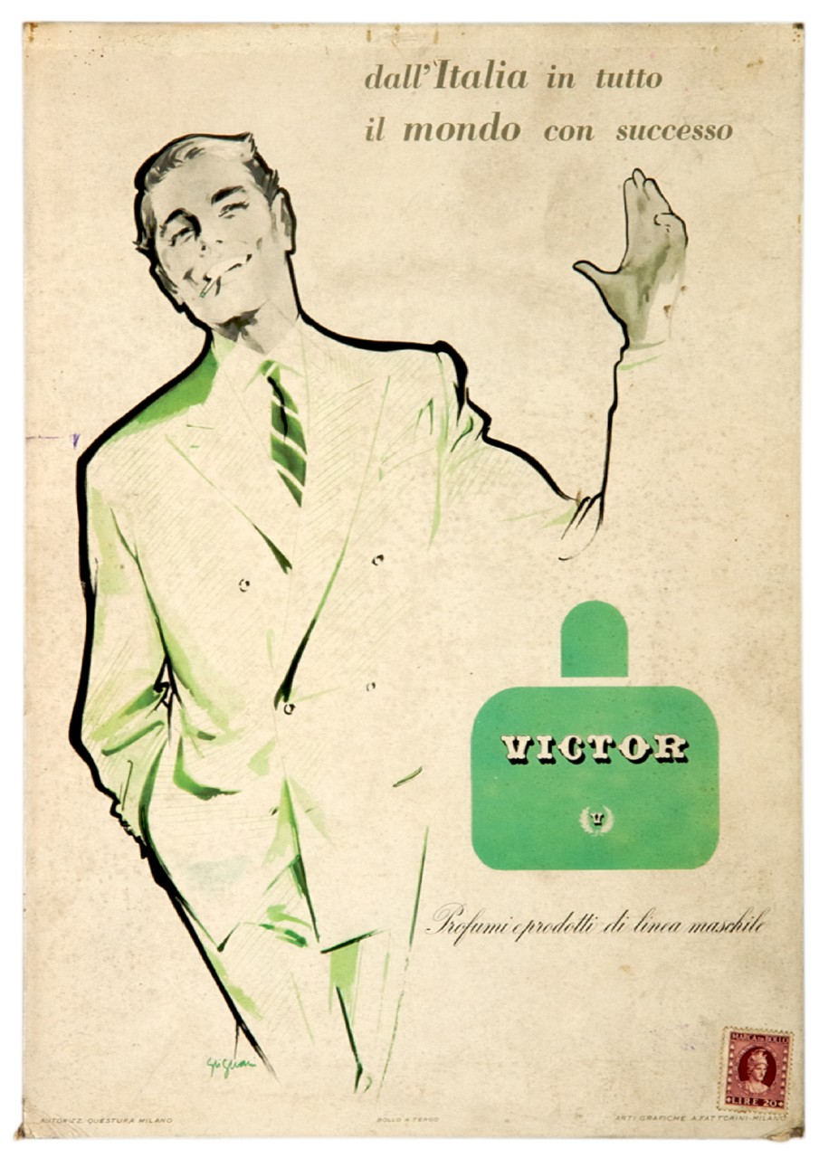 uomo sorridente tiene una mano in tasca e con l’altra fa un gesto di saluto (locandina) di Grignani Franco (sec. XX)