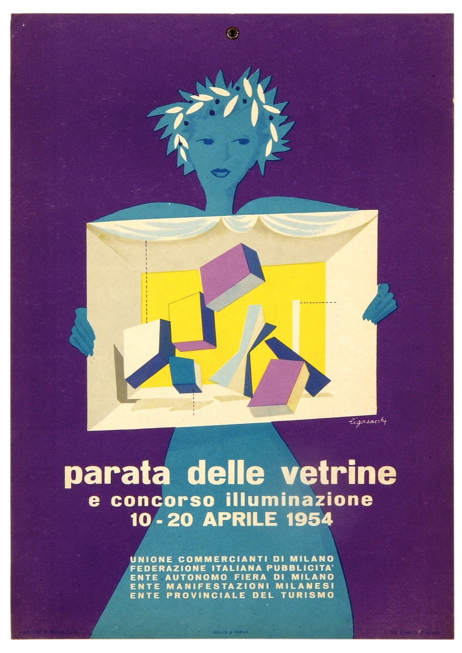 figura femminile con piccola vetrina da esposizione tra le mani (locandina) di Ligasacchi Natale (sec. XX)