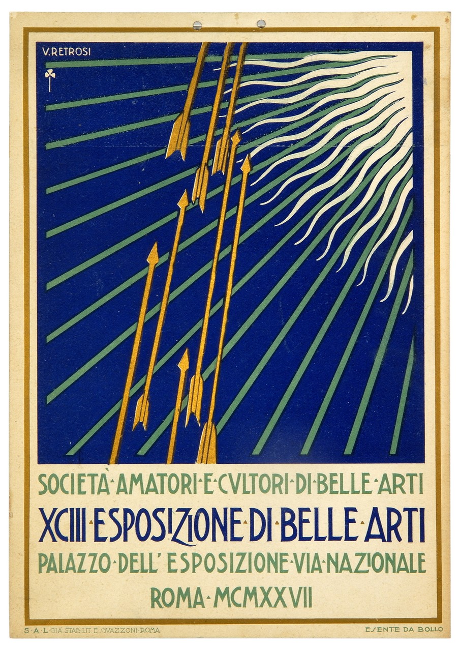 frecce lanciate verso l'alto sullo sfondo di raggi del sole (locandina) di Retrosi Virgilio (sec. XX)