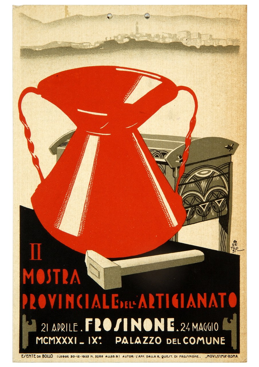 brocca rossa in metallo a due manici e oggetti artigianali con veduta di Frosinone (locandina) di Retrosi Virgilio (sec. XX)