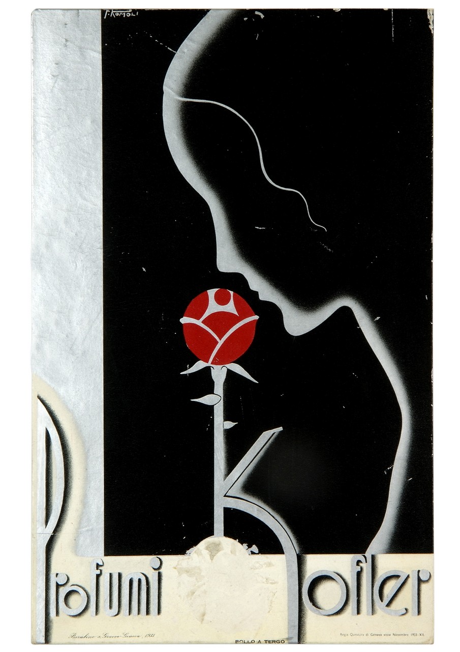 profilo femminile e una rosa rossa (locandina) di Romoli Filippo (sec. XX)