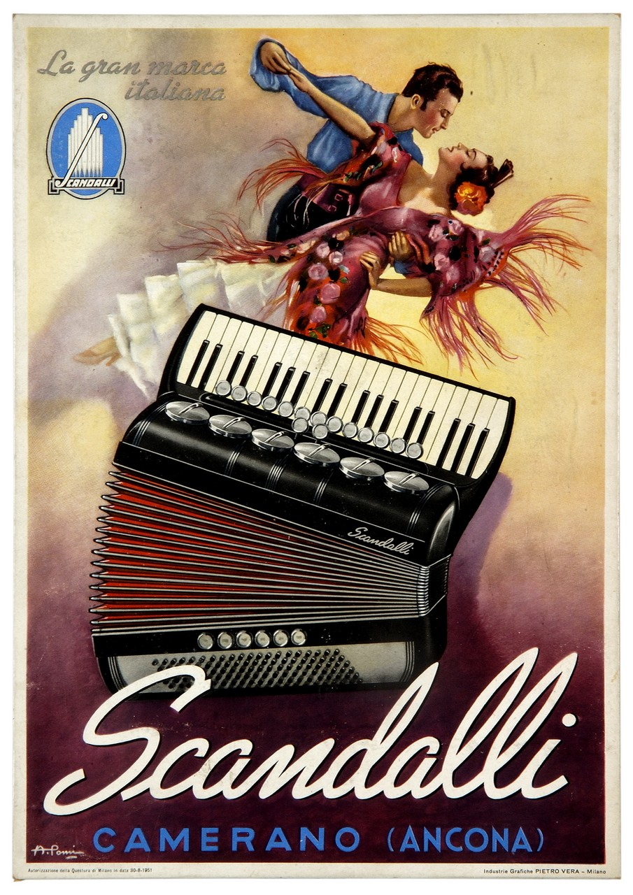 due ballerini in costume folcloristico e fisarmonica (locandina) di Pomi Alessandro (sec. XX)