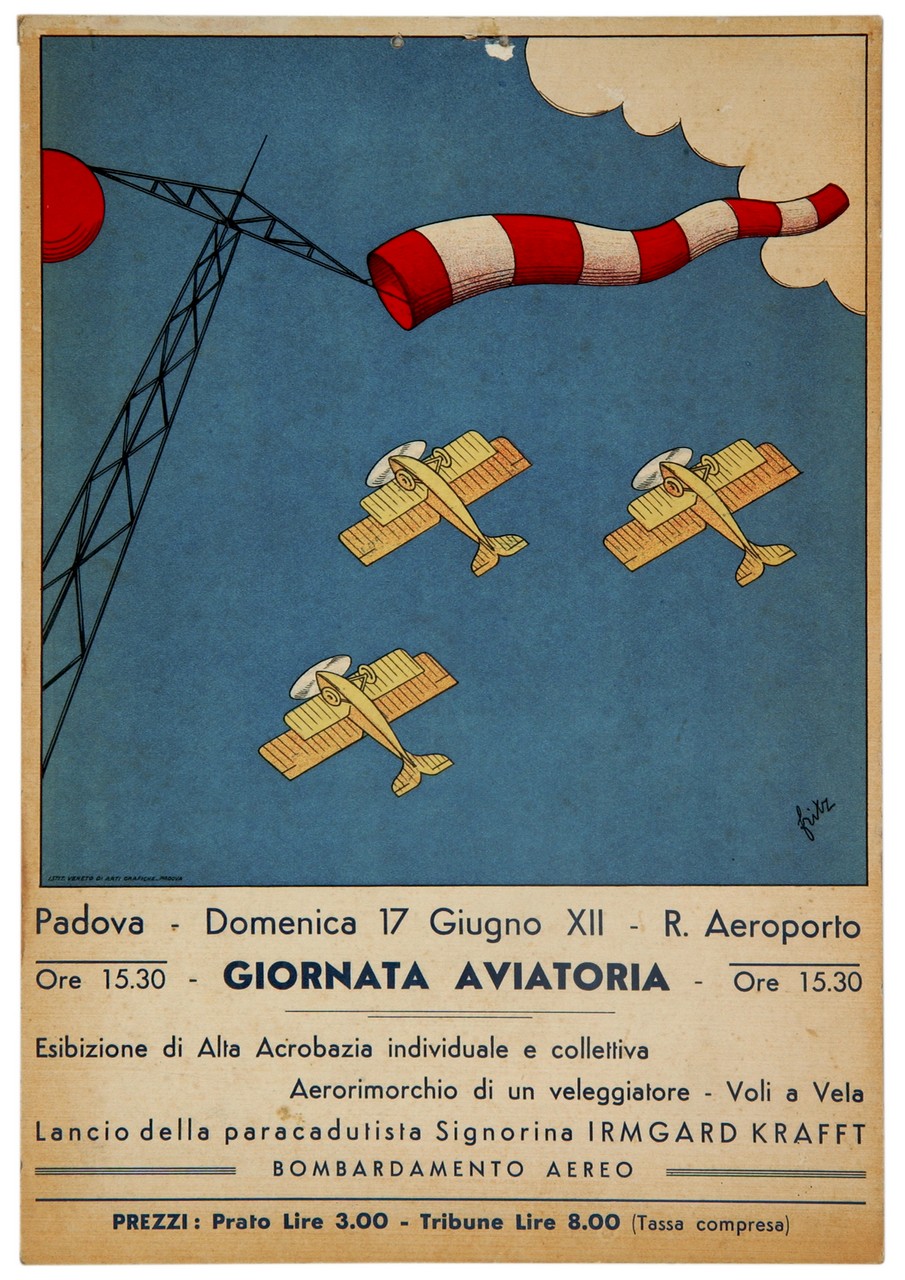 tre velivoli in cielo e traliccio con manica a vento (locandina) di Bühler Fritz (sec. XX)