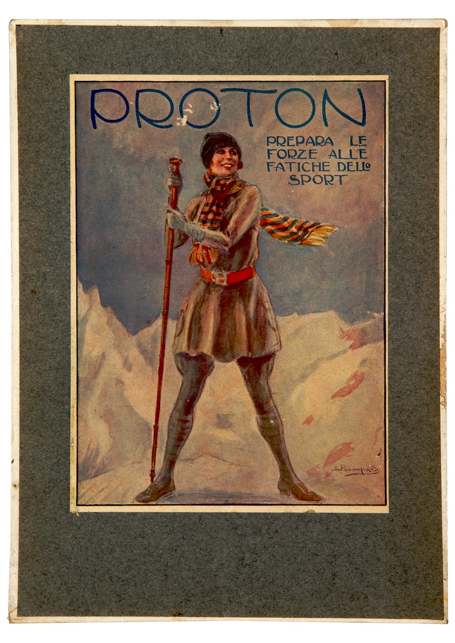 donna in piedi in abbigliamento sportivo con lungo bastone, sullo sfondo di montagne innevate (locandina) di Bompard Luigi (sec. XX)