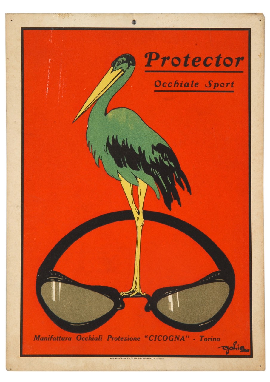 ciìcogna sopra un grande paio di occhiali sportivi, su sfondo rosso (locandina) di Colmo Eugenio detto Golia (sec. XX)