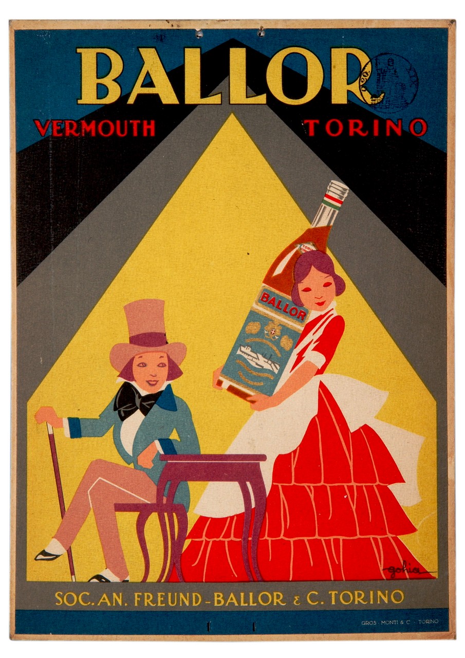 gentiluomo seduto e cameriera con grande bottiglia di vermut (locandina) di Colmo Eugenio detto Golia (sec. XX)