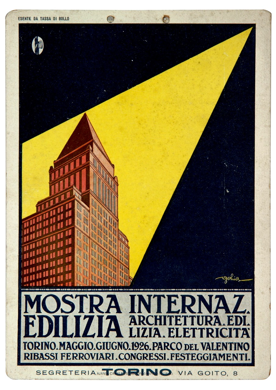 fascio di luce gialla diretto verso un grattacielo (locandina) di Colmo Eugenio detto Golia (sec. XX)