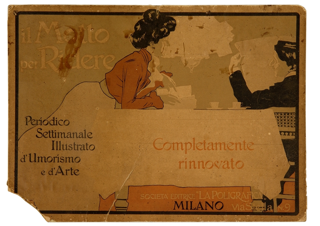 uomo e donna che leggono riviste vicino a un tavolo (manifesto) di Terzi Aleardo (sec. XX)