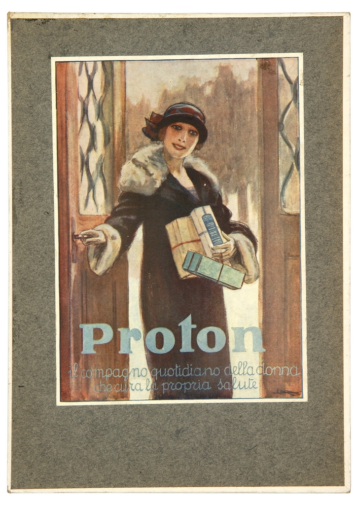 giovane donna sulla porta di casa con pacchetti in mano (locandina) di Metlicovitz Leopoldo (sec. XX)