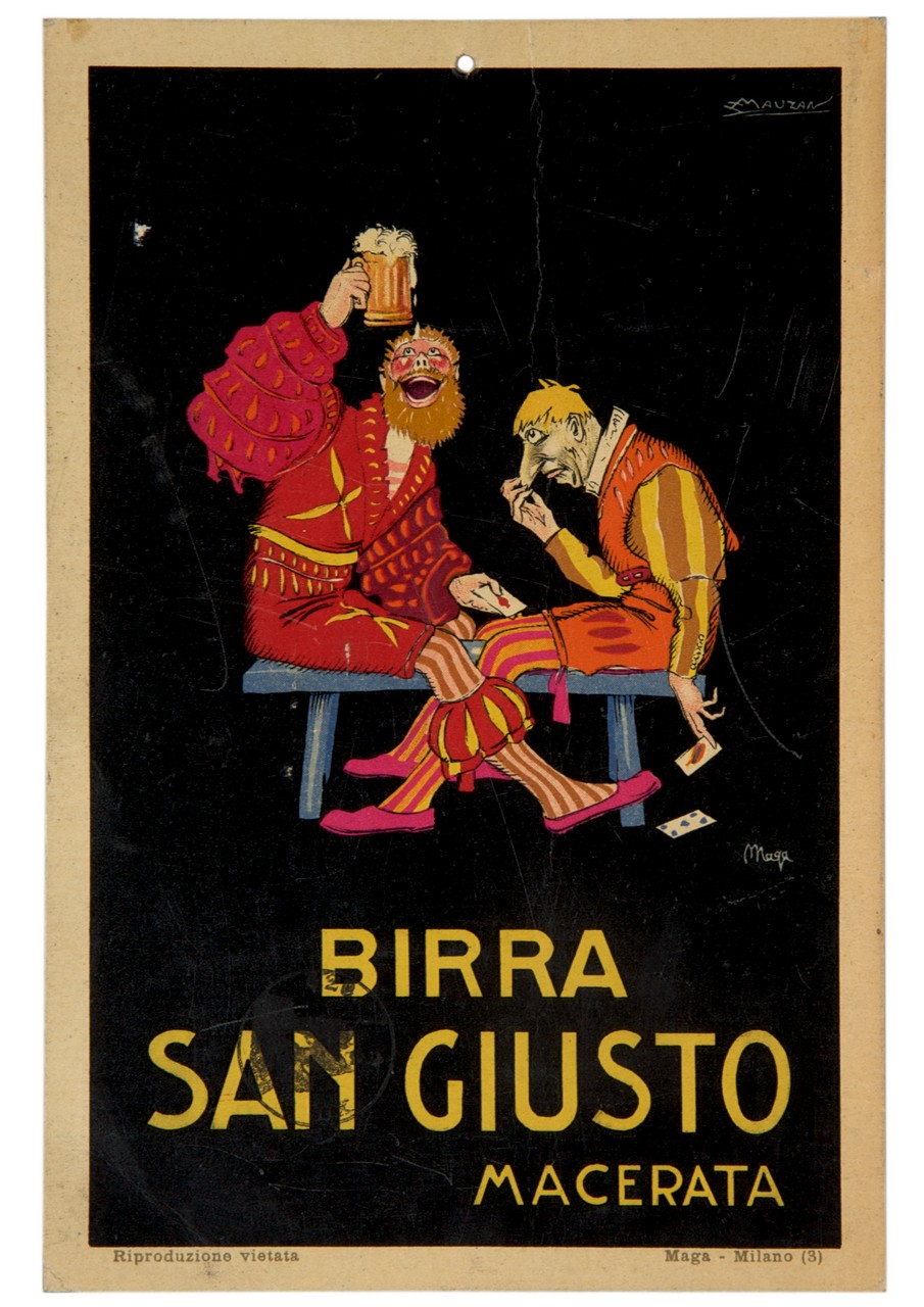 due uomini su una panca con boccale di birra e carte da gioco (locandina) di Mauzan Achille Luciano, MAGA (sec. XX)