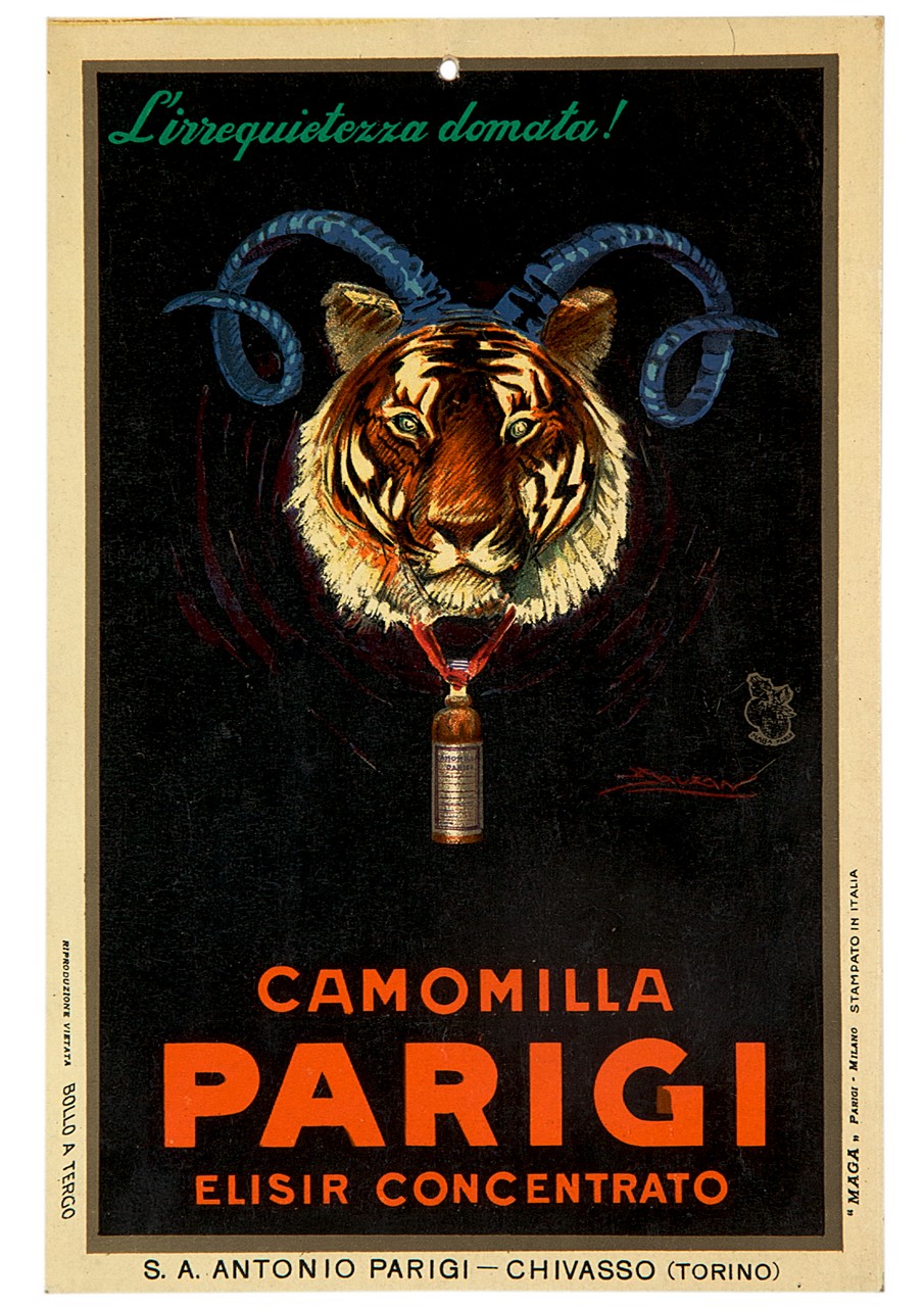 tigre con corna di ariete e bottiglietta al collo (locandina) di Mauzan Achille Luciano, MAGA (sec. XX)