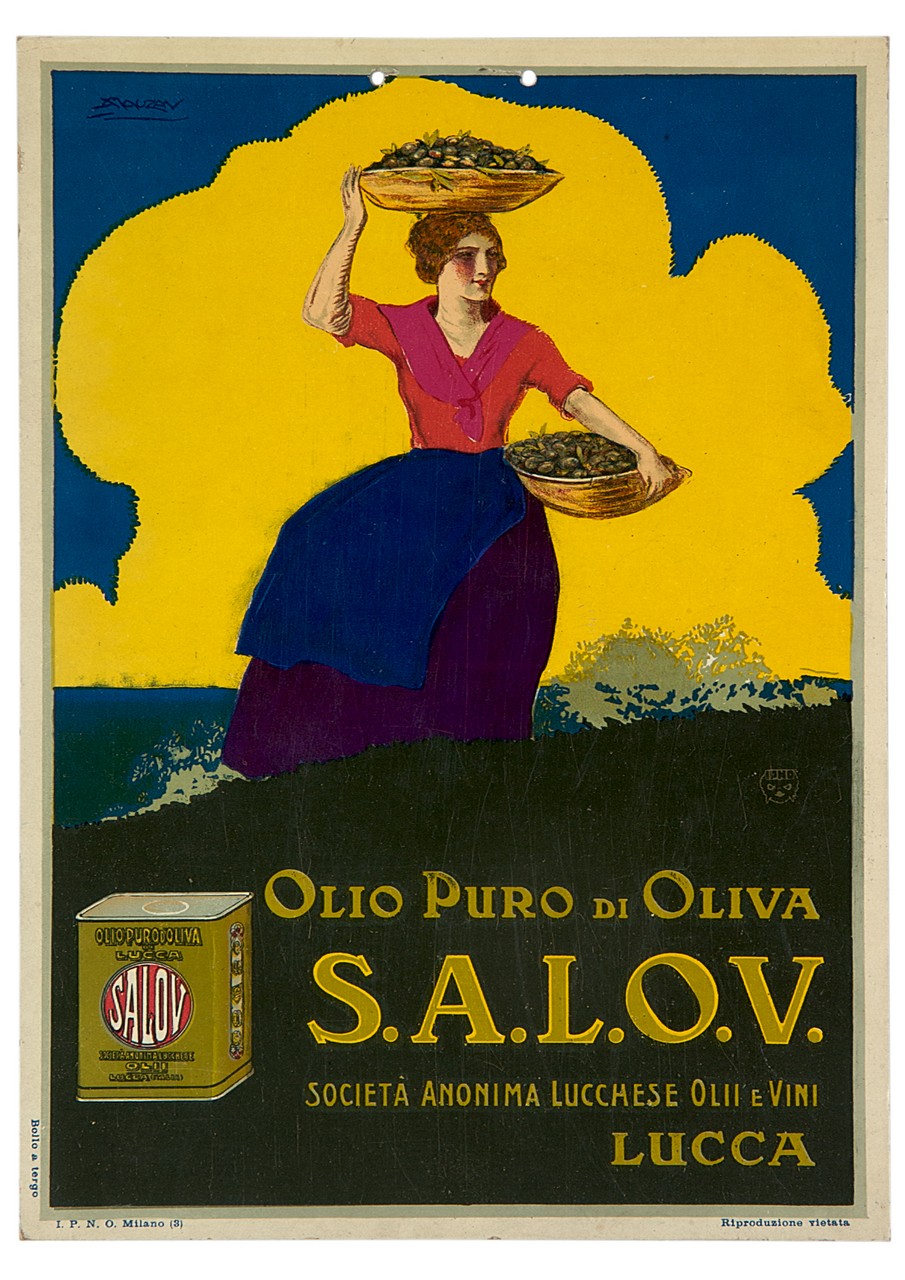 giovane donna con due ceste di olive, in un paesaggio (locandina) di Mauzan Achille Luciano (sec. XX)