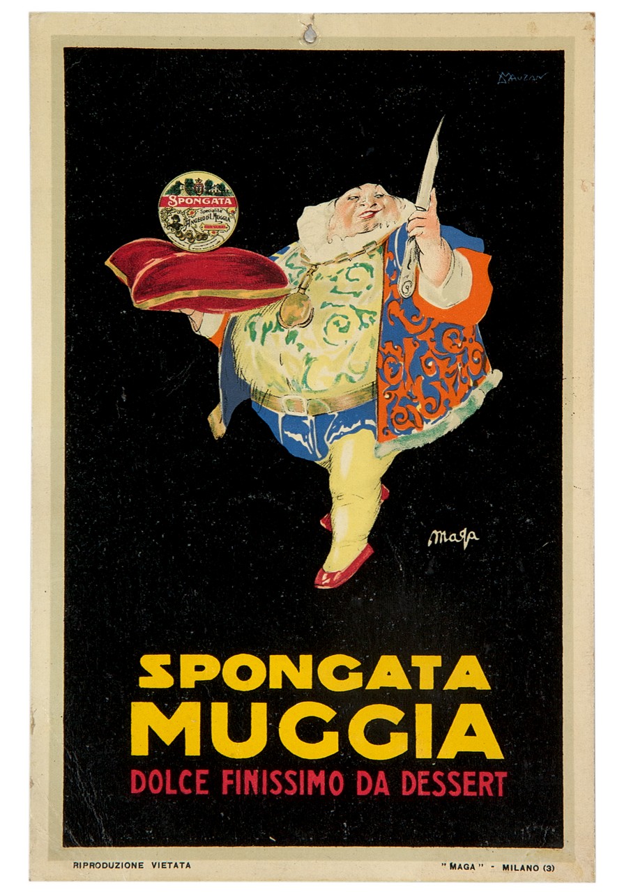 personaggio in costume rinascimentale con coltello in mano e scatola di dolce poggiata su un cuscino (locandina) di Mauzan Achille Luciano, MAGA (sec. XX)