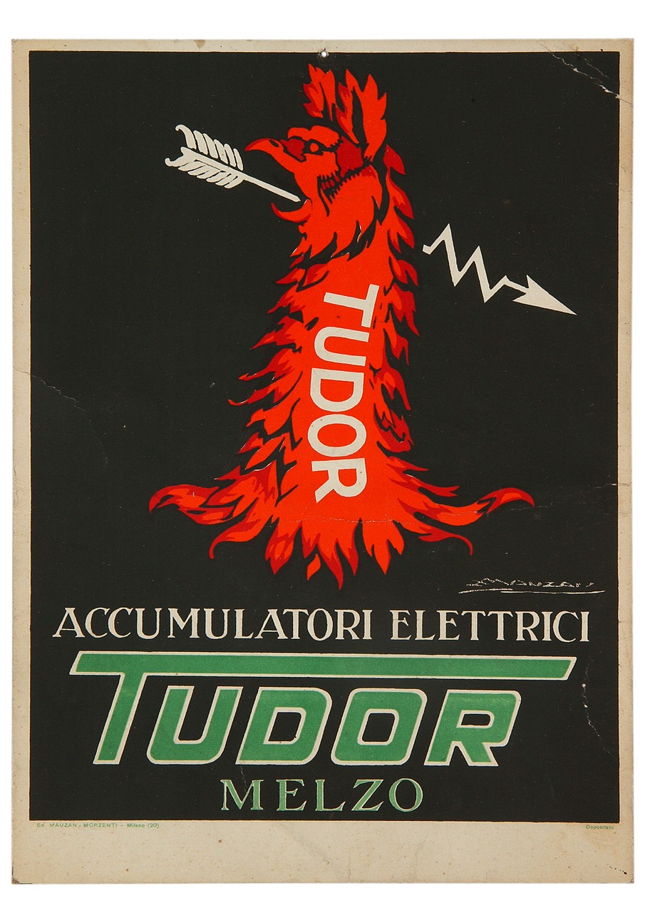 testa di rapace fatto di fiamme trapassato nel becco da una freccia (locandina) di Mauzan Achille Luciano (sec. XX)