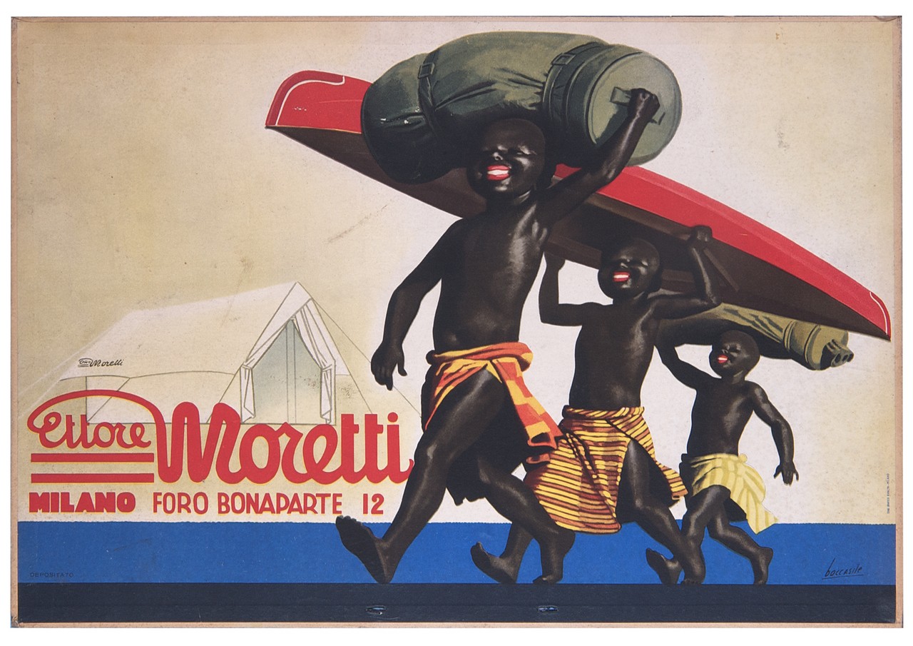 tre bambini neri che portano sulla testa una canoa e due sacchi (calendario) di Boccasile Gino (sec. XX)