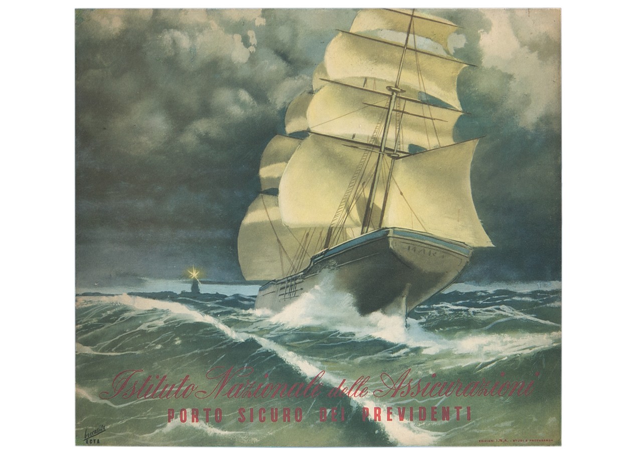 veliero in mare che si dirige verso un faro (locandina) di Boccasile Gino, ACTA (sec. XX)