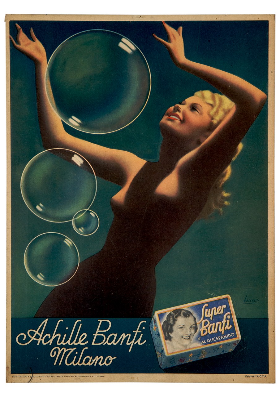 giovane donna nuda con bolle di sapone e saponetta (locandina) di Boccasile Gino, ACTA (sec. XX)