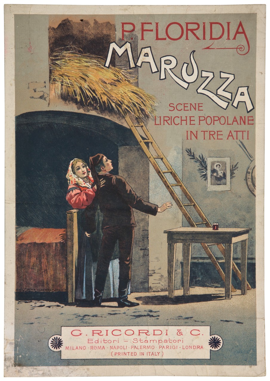 coppia di giovani in costume popolare in un interno con pagliaio (locandina) - ambito italiano (sec. XX)