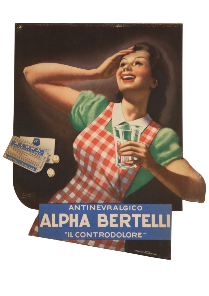 giovane donna sorridente con bicchiere e compresse di antinevralgico (locandina) di Boccasile Gino, ACTA (sec. XX)